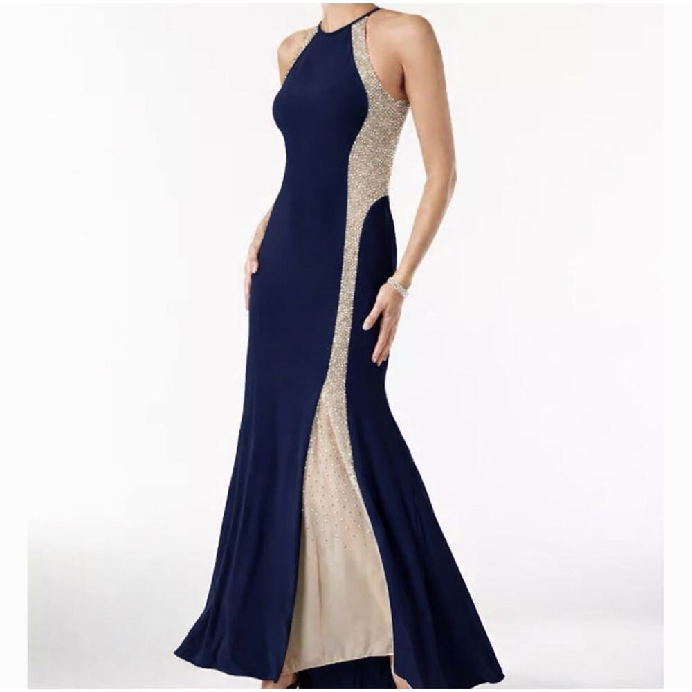 XSCAPECaviar-Beaded Illusion Gown Size 4navy Blue